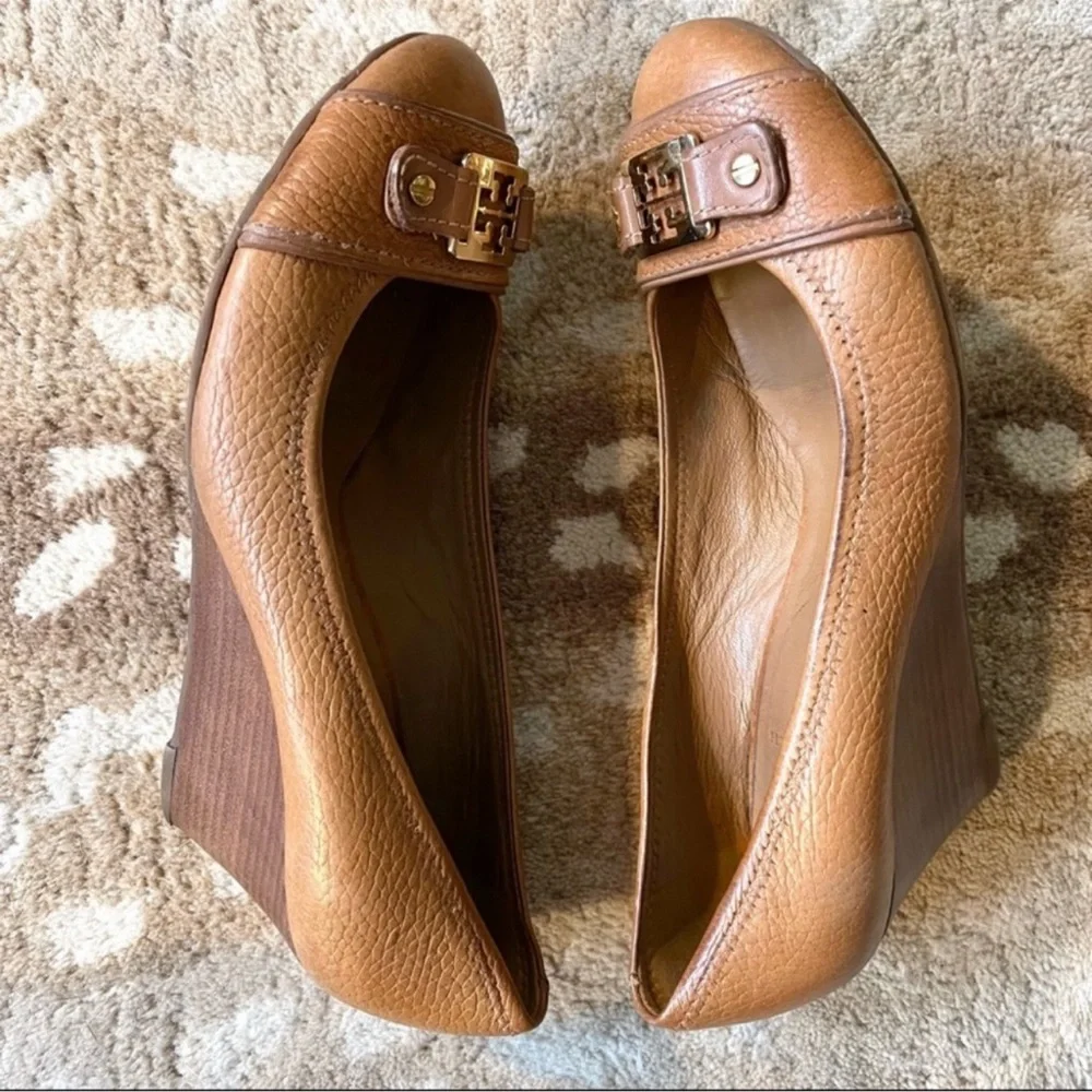 Tory Burch Cognac Leather Wedge Pumps with Gold Logo Accent